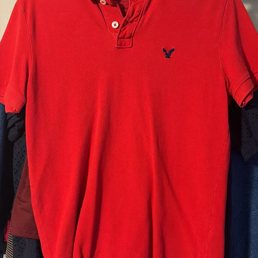 American Eagle Outfitters Red Polo Shirt with Navy Logo